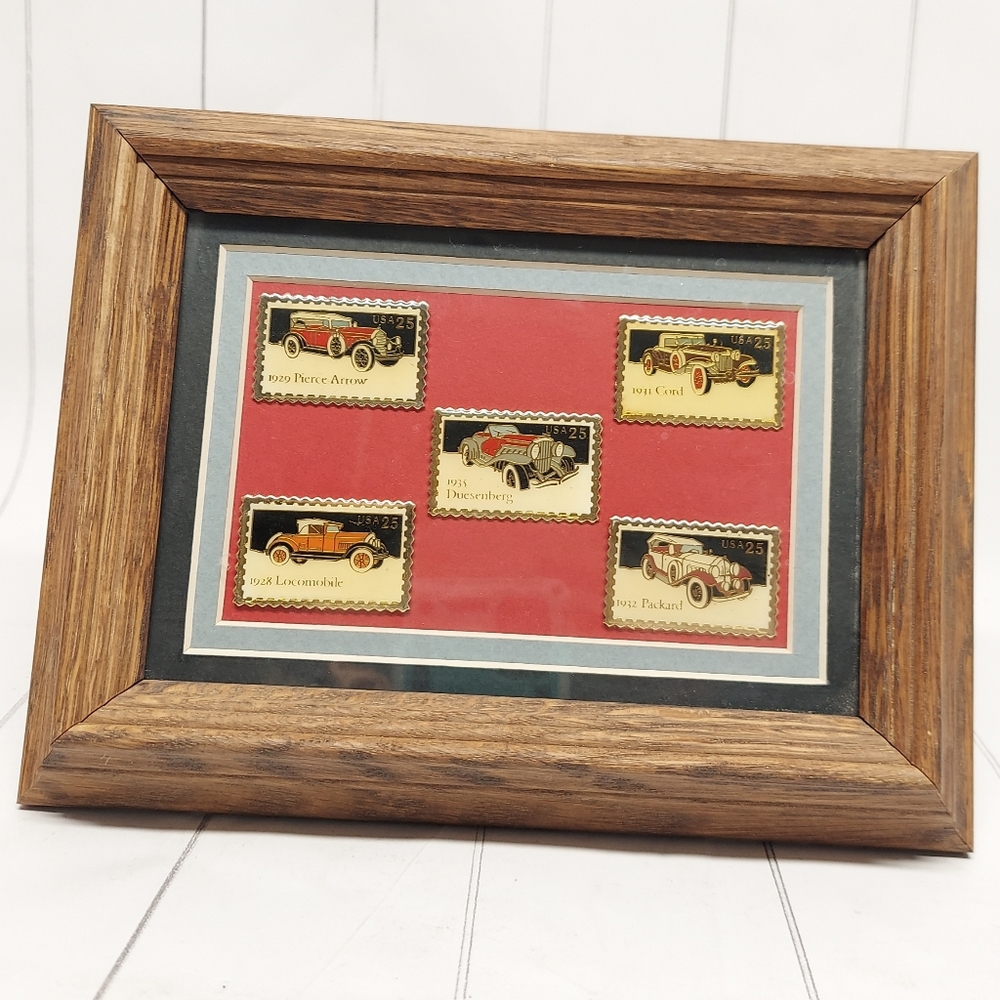 Vintage Car Postage Stamp Pin Collection in Wooden Frame